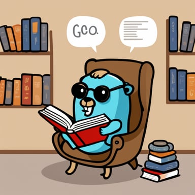 Go Blue Gopher reading a book about programming language Go.