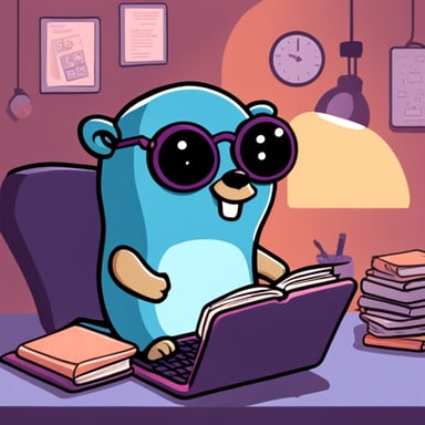 Go Blue Gopher reading a book about Go while sitting next to his laptop.