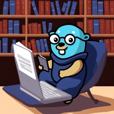 Go Blue Gopher reading a book about Go while sitting next to his laptop.