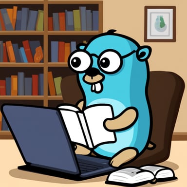 Go Blue Gopher reading a book about Go while sitting next to his laptop.