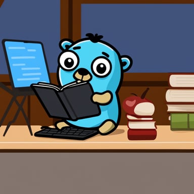 Go Blue Gopher reading a book about Go while sitting next to his laptop.