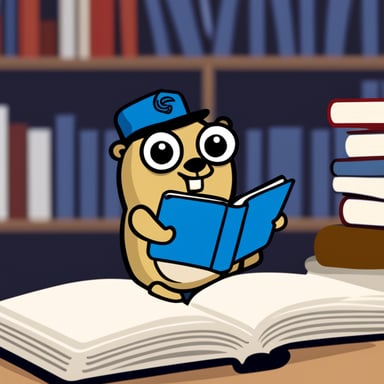 Go Blue Gopher reading a technical book.