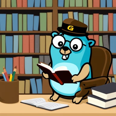Go Blue Gopher reading a book and writing a Go program on his laptop.