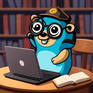 Go Blue Gopher reading a book and writing a Go program on his laptop.