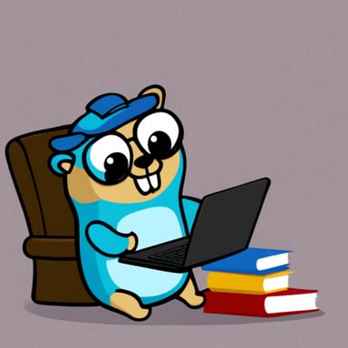 Go Blue Gopher reading a book and writing a Go program on his laptop.