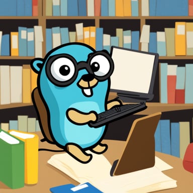 Go Blue Gopher reading a book and writing a Go program on his laptop.