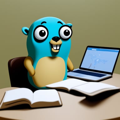 Go Blue Gopher researching information about Go language.