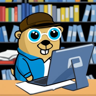Go Blue Gopher researching information about Go language.