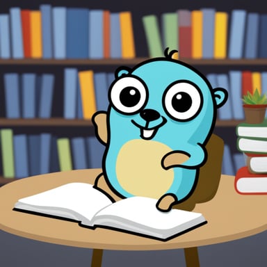 Go Blue Gopher researching information about Go language.