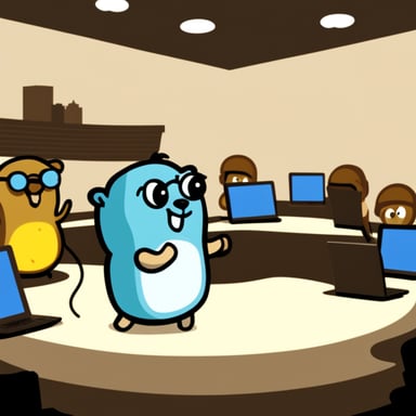 Go Blue Gopher teaching programming to other gophers.