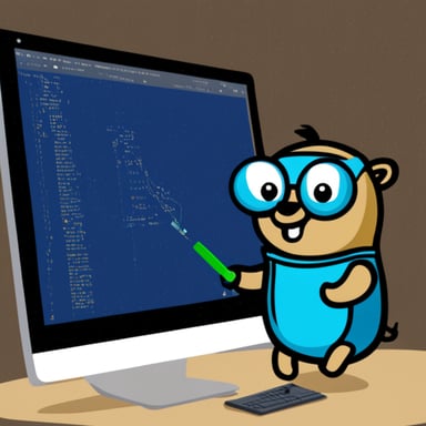 Go Blue Gopher writing programming statements on a screen.