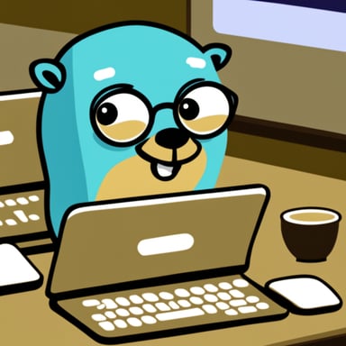 Go Blue Gopher writing programming statements on a screen.
