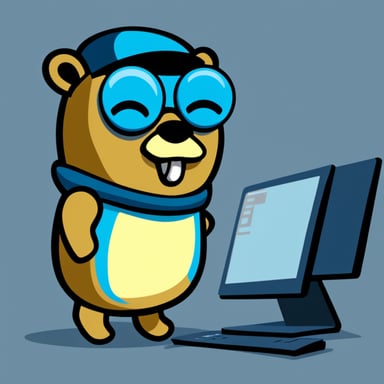 Go Blue Gopher with programming statements on a screen.