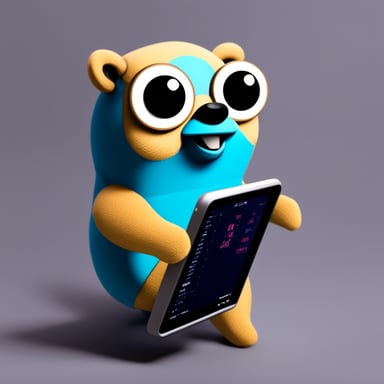 Go Blue Gopher with programming statements on a screen.