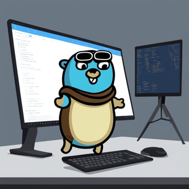 Go Blue Gopher with programming statements on a screen.