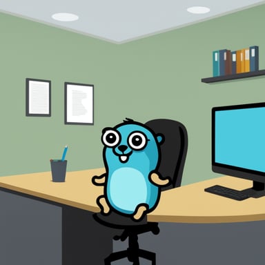Go Blue Gopher sitting in an office