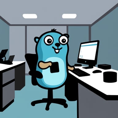 Go Blue Gopher sitting in an office