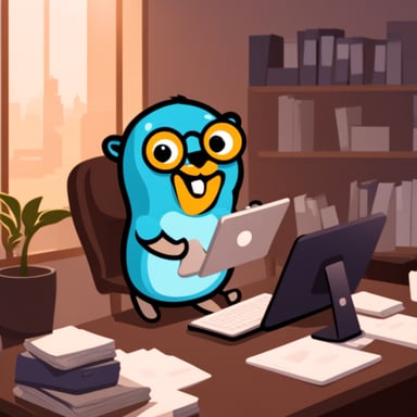 Go Blue Gopher working in an office.