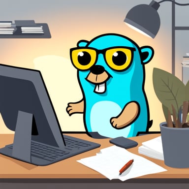 Go Blue Gopher is busy working in an office, managing tasks with efficiency and a cheerful attitude.