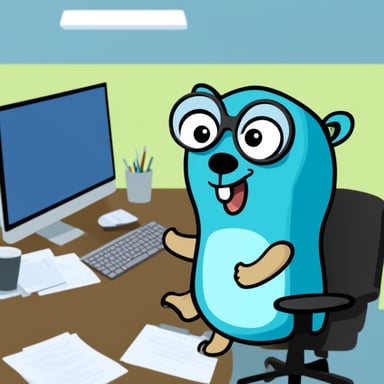 Go Blue Gopher is busy working in an office, managing tasks with efficiency and a cheerful attitude.