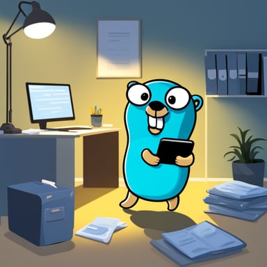 Go Blue Gopher is busy working in an office, managing tasks with efficiency and a cheerful attitude.