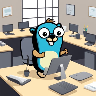 Go Blue Gopher is busy working in an office, managing tasks with efficiency and a cheerful attitude.