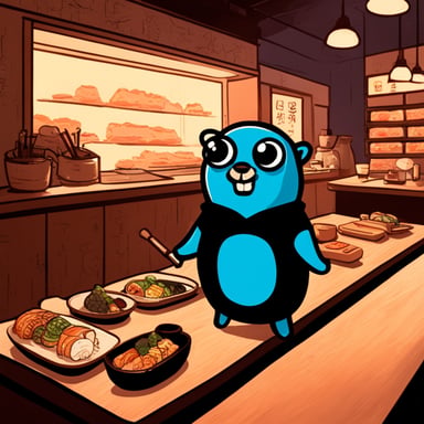 Go Blue Gopher in a sushi bar.
