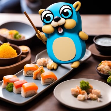 Go Blue Gopher eating in a circle sushi restaurant.