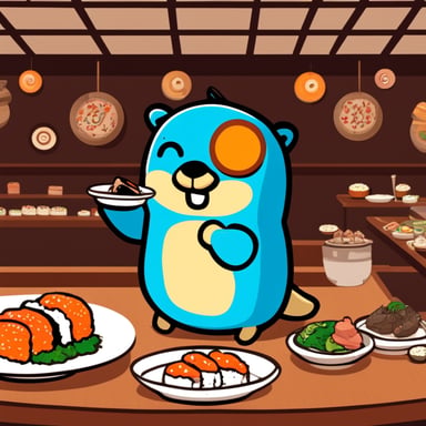Go Blue Gopher eating in a circle sushi restaurant.