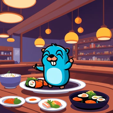 Go Blue Gopher eating in a circle sushi restaurant.