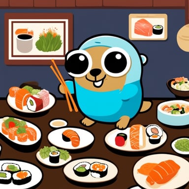 Go Blue Gopher enjoys a variety of sushi rolls at a local restaurant, savoring each bite of the fresh, flavorful fish.