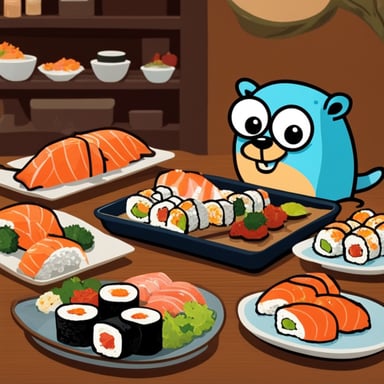 Go Blue Gopher enjoys a variety of sushi rolls at a local restaurant, savoring each bite of the fresh, flavorful fish.