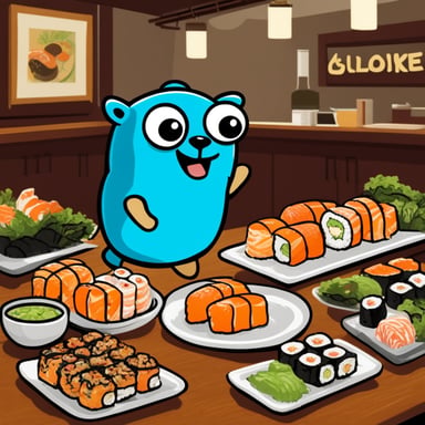 Go Blue Gopher enjoys a variety of sushi rolls at a local restaurant, savoring each bite of the fresh, flavorful fish.