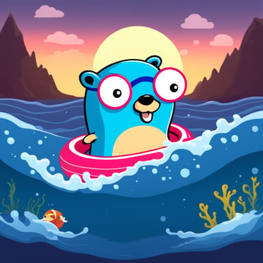 Go Blue Gopher swimming in the sea with a swimming ring.