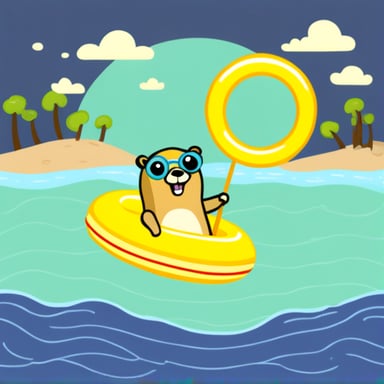 Go Blue Gopher swimming in the sea with a swimming ring.