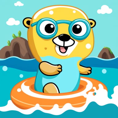 Go Blue Gopher swimming happily in the sea with a colourful swimming ring.