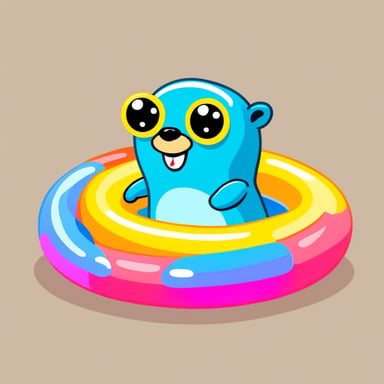 Go Blue Gopher swimming happily in the sea with a colourful swimming ring.