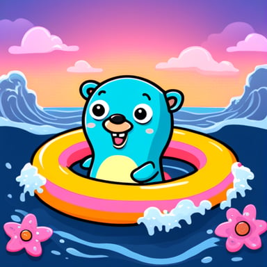 Go Blue Gopher swimming happily in the sea with a colourful swimming ring.