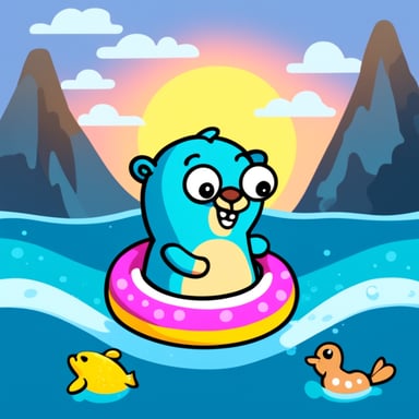 Go Blue Gopher swimming happily in the sea with a colourful swimming ring.