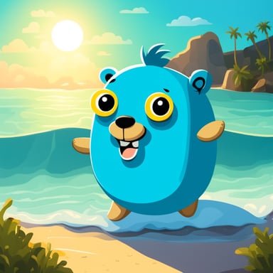 Go Blue Gopher swimming happily in the sea with a colourful swimming ring enjoying sunshine.