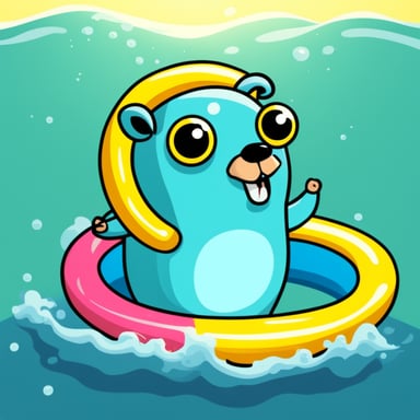 Go Blue Gopher swimming happily in the sea with a colourful swimming ring enjoying sunshine.