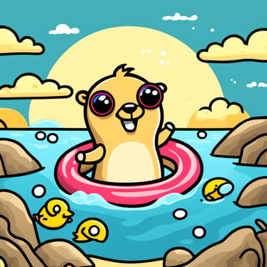 Go Blue Gopher swimming happily in the sea with a colourful swimming ring enjoying sunshine.