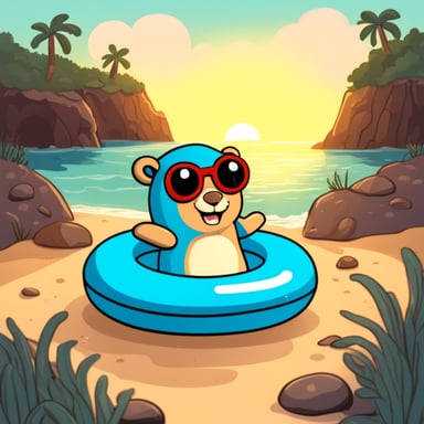 Go Blue Gopher with a swimming ring in the sea.