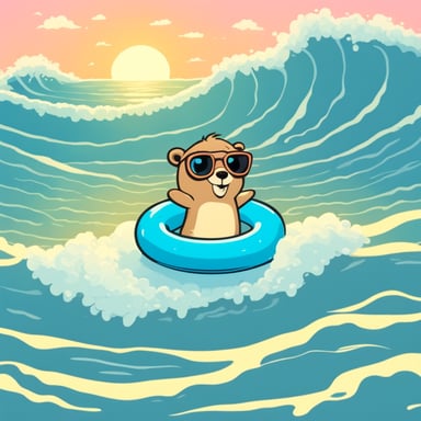 Go Blue Gopher with a swimming ring in the sea.