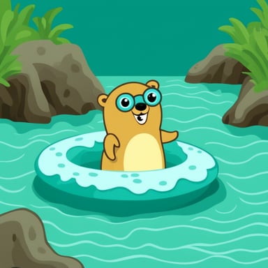 Go Blue Gopher with a swimming ring in the sea.