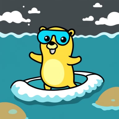Go Blue Gopher with a swimming ring in the sea.