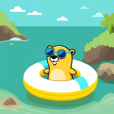 Go Blue Gopher in the sunshine with a swimming ring in the sea.