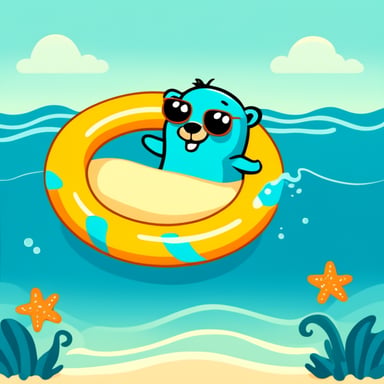 Go Blue Gopher in the sunshine with a swimming ring in the sea.