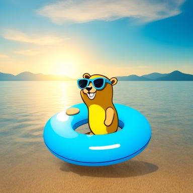 Go Blue Gopher in the sunshine with a swimming ring in the sea.