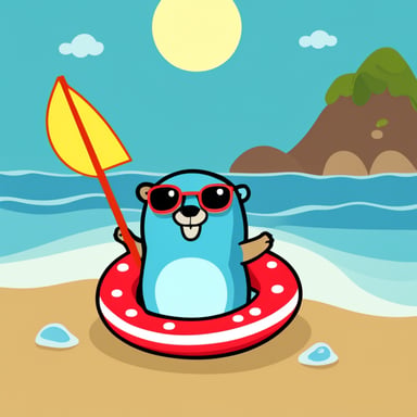 Go Blue Gopher in the sunshine with a swimming ring in the sea.
